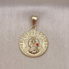 Oro Laminado Religious Pendant, Gold Filled Style Caridad del Cobre Design, with Garnet Crystal, Diamond Cutting Finish, Golden Finish, 05.213.0146