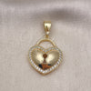 Oro Laminado Fancy Pendant, Gold Filled Style Heart and key Design, with White Micro Pave, Polished, Golden Finish, 05.411.0022