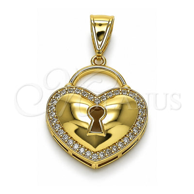Oro Laminado Fancy Pendant, Gold Filled Style Heart and key Design, with White Micro Pave, Polished, Golden Finish, 05.411.0022