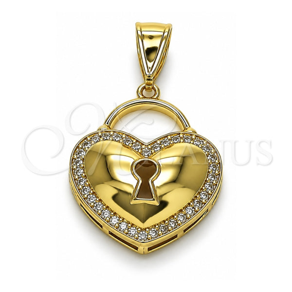 Oro Laminado Fancy Pendant, Gold Filled Style Heart and key Design, with White Micro Pave, Polished, Golden Finish, 05.411.0022