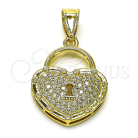 Oro Laminado Fancy Pendant, Gold Filled Style Heart and key Design, with White Micro Pave, Polished, Golden Finish, 05.411.0025