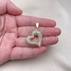 Oro Laminado Fancy Pendant, Gold Filled Style Heart Design, with White Micro Pave, Polished, Golden Finish, 05.411.0026