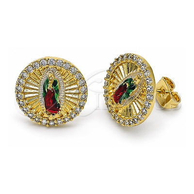 Oro Laminado Stud Earring, Gold Filled Style Guadalupe Design, with White Micro Pave, Diamond Cutting Finish, Tricolor, 02.411.0001