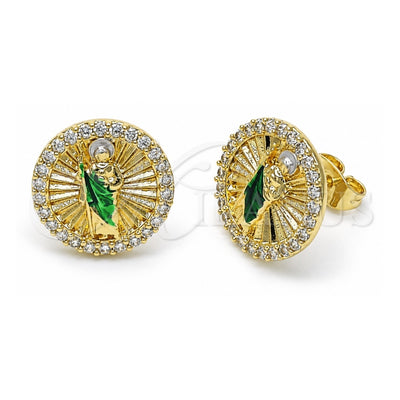 Oro Laminado Stud Earring, Gold Filled Style San Judas Design, with White Micro Pave, Polished, Tricolor, 02.411.0002