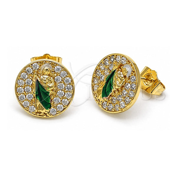 Oro Laminado Stud Earring, Gold Filled Style San Judas Design, with White Micro Pave, Polished, Golden Finish, 02.411.0003