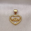 Oro Laminado Fancy Pendant, Gold Filled Style Heart and Mom Design, with White Cubic Zirconia, Polished, Golden Finish, 05.342.0204