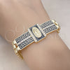 Oro Laminado Fancy Bracelet, Gold Filled Style Guadalupe and Greek Key Design, with White Cubic Zirconia, Black Enamel Finish, Golden Finish, 03.411.0011.08 (12 MM Thickness, 8 Inches Length)