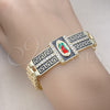 Oro Laminado Fancy Bracelet, Gold Filled Style Guadalupe and Greek Key Design, with White Cubic Zirconia, Black Enamel Finish, Tricolor, 03.411.0011.1.08 (12 MM Thickness, 8 Inches Length)