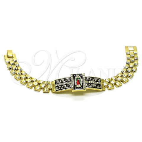Oro Laminado Fancy Bracelet, Gold Filled Style Guadalupe and Greek Key Design, with White Cubic Zirconia, Black Enamel Finish, Tricolor, 03.411.0011.1.08 (12 MM Thickness, 8 Inches Length)