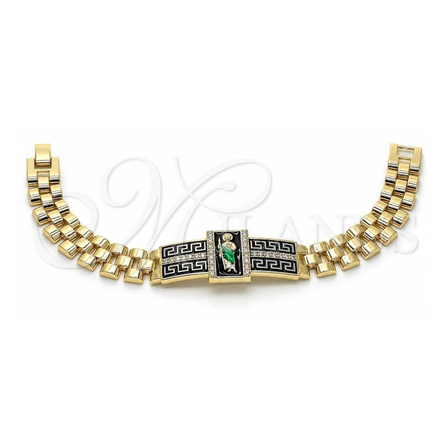 Oro Laminado Fancy Bracelet, Gold Filled Style San Judas and Greek Key Design, with White Micro Pave, Black Enamel Finish, Two Tone, 03.411.0012.1.08 (12 MM Thickness, 8 Inches Length)