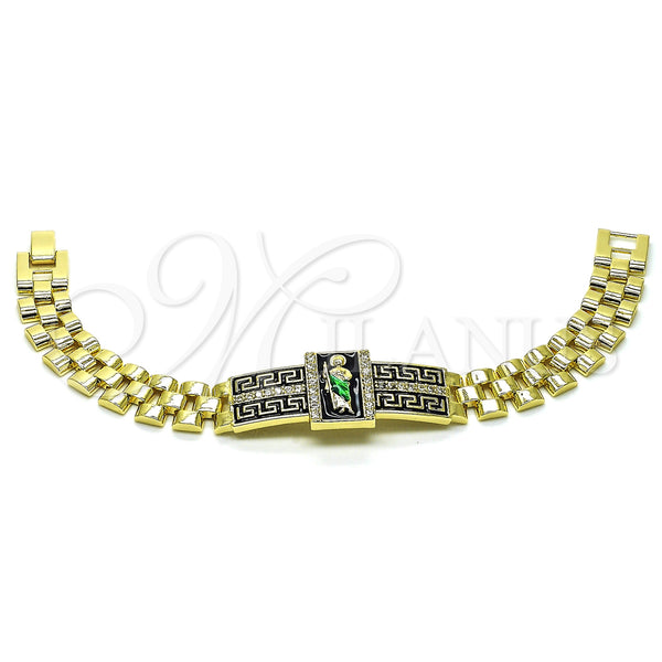 Oro Laminado Fancy Bracelet, Gold Filled Style San Judas and Greek Key Design, with White Micro Pave, Black Enamel Finish, Two Tone, 03.411.0012.1.08 (12 MM Thickness, 8 Inches Length)