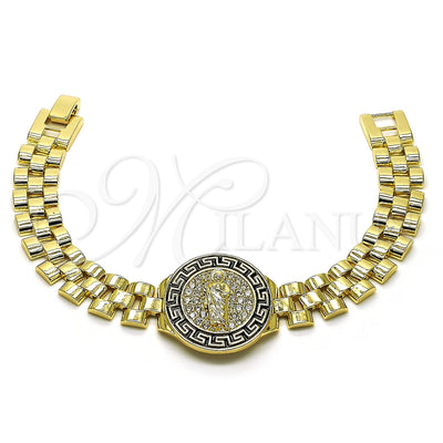 Oro Laminado Fancy Bracelet, Gold Filled Style Guadalupe and Greek Key Design, with White Micro Pave, Black Enamel Finish, Golden Finish, 03.411.0014.07 (12 MM Thickness, 7 Inches Length)