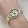 Oro Laminado Fancy Bracelet, Gold Filled Style San Judas and Greek Key Design, with White Micro Pave, Black Enamel Finish, Two Tone, 03.411.0014.1.07 (12 MM Thickness, 7 Inches Length)