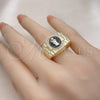 Oro Laminado Multi Stone Ring, Gold Filled Style San Judas Design, with White Micro Pave, Black Enamel Finish, Golden Finish, 01.411.0002 (One size fits all)