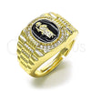 Oro Laminado Multi Stone Ring, Gold Filled Style San Judas Design, with White Micro Pave, Black Enamel Finish, Golden Finish, 01.411.0002 (One size fits all)