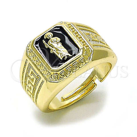 Oro Laminado Elegant Ring, Gold Filled Style San Judas and Greek Key Design, Black Enamel Finish, Golden Finish, 01.411.0004 (One size fits all)