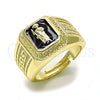 Oro Laminado Elegant Ring, Gold Filled Style San Judas and Greek Key Design, Black Enamel Finish, Golden Finish, 01.411.0004 (One size fits all)