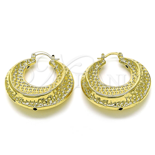 Gold Filled Hoop Earrings — Medium Hoop Hollow Design Diamond Cutting 02. — main product view — SKU 155010 | Oro Laminado aretes de aro — Medium Hoop Hollow diseño Diamond Cutting 02. — SKU 155010