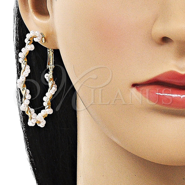 Gold Filled Hoop Earrings — Large Hoop Twist Design with Ivory Pearl Polished — alternate product view — SKU 155019 | Oro Laminado aretes de aro — Large Hoop Twist diseño with Ivory Pearl pulido — SKU 155019