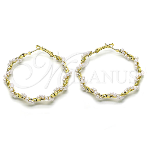 Gold Filled Hoop Earrings — Large Hoop Twist Design with Ivory Pearl Polished — main product view — SKU 155019 | Oro Laminado aretes de aro — Large Hoop Twist diseño with Ivory Pearl pulido — SKU 155019