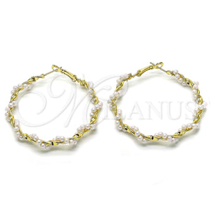 Gold Filled Hoop Earrings — Large Hoop Twist Design with Ivory Pearl Polished — main product view — SKU 155019 | Oro Laminado aretes de aro — Large Hoop Twist diseño with Ivory Pearl pulido — SKU 155019