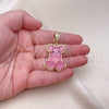 Oro Laminado Fancy Pendant, Gold Filled Style Teddy Bear Design, with White Crystal, Pink Resin Finish, Golden Finish, 05.196.0010