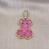 Oro Laminado Fancy Pendant, Gold Filled Style Teddy Bear Design, with White Crystal, Pink Resin Finish, Golden Finish, 05.196.0010