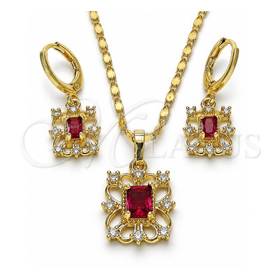 Oro Laminado Earring and Pendant Adult Set, Gold Filled Style with Ruby and White Cubic Zirconia, Polished, Golden Finish, 10.196.0138