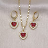 Oro Laminado Earring and Pendant Adult Set, Gold Filled Style Heart and Cluster Design, with Ruby Cubic Zirconia and White Micro Pave, Polished, Golden Finish, 10.196.0141.1
