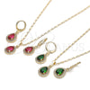Oro Laminado Earring and Pendant Adult Set, Gold Filled Style Teardrop and Cluster Design, with Green Cubic Zirconia and White Micro Pave, Polished, Golden Finish, 10.196.0142