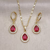 Oro Laminado Earring and Pendant Adult Set, Gold Filled Style Teardrop and Cluster Design, with Ruby Cubic Zirconia and White Micro Pave, Polished, Golden Finish, 10.196.0142.1