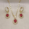 Oro Laminado Earring and Pendant Adult Set, Gold Filled Style Cluster Design, with Ruby Cubic Zirconia and White Micro Pave, Polished, Golden Finish, 10.196.0143