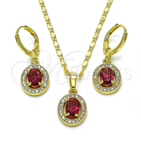 Oro Laminado Earring and Pendant Adult Set, Gold Filled Style Cluster Design, with Ruby Cubic Zirconia and White Micro Pave, Polished, Golden Finish, 10.196.0143