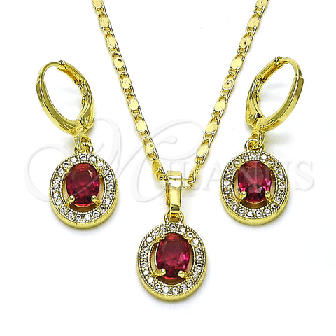Oro Laminado Earring and Pendant Adult Set, Gold Filled Style Cluster Design, with Ruby Cubic Zirconia and White Micro Pave, Polished, Golden Finish, 10.196.0143