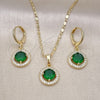 Oro Laminado Earring and Pendant Adult Set, Gold Filled Style Cluster Design, with Green Cubic Zirconia and White Micro Pave, Polished, Golden Finish, 10.196.0144