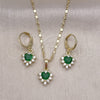 Oro Laminado Earring and Pendant Adult Set, Gold Filled Style Heart and Cluster Design, with Green and White Cubic Zirconia, Polished, Golden Finish, 10.196.0145