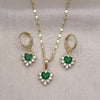 Oro Laminado Earring and Pendant Adult Set, Gold Filled Style Heart and Cluster Design, with Green and White Cubic Zirconia, Polished, Golden Finish, 10.196.0145