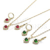 Oro Laminado Earring and Pendant Adult Set, Gold Filled Style Heart and Cluster Design, with Green and White Cubic Zirconia, Polished, Golden Finish, 10.196.0145