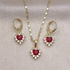 Oro Laminado Earring and Pendant Adult Set, Gold Filled Style Heart and Cluster Design, with Ruby and White Cubic Zirconia, Polished, Golden Finish, 10.196.0145.1