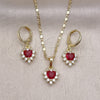 Oro Laminado Earring and Pendant Adult Set, Gold Filled Style Heart and Cluster Design, with Ruby and White Cubic Zirconia, Polished, Golden Finish, 10.196.0145.1