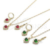 Oro Laminado Earring and Pendant Adult Set, Gold Filled Style Heart and Cluster Design, with Ruby and White Cubic Zirconia, Polished, Golden Finish, 10.196.0145.1