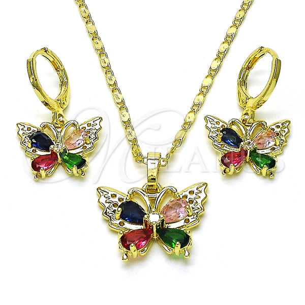 Oro Laminado Earring and Pendant Adult Set, Gold Filled Style Butterfly Design, with Multicolor Cubic Zirconia, Polished, Golden Finish, 10.196.0146