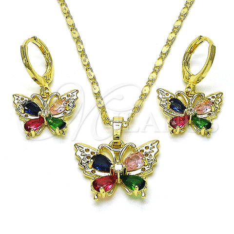 Oro Laminado Earring and Pendant Adult Set, Gold Filled Style Butterfly Design, with Multicolor Cubic Zirconia, Polished, Golden Finish, 10.196.0146