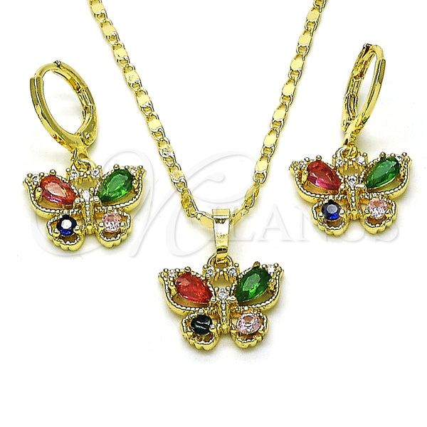 Oro Laminado Earring and Pendant Adult Set, Gold Filled Style Butterfly Design, with Multicolor Cubic Zirconia, Polished, Golden Finish, 10.196.0147