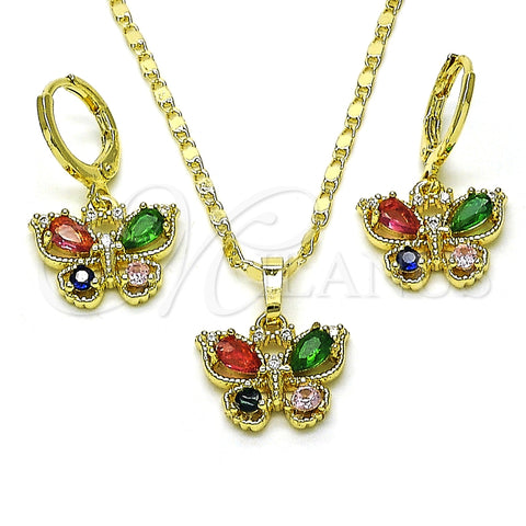 Oro Laminado Earring and Pendant Adult Set, Gold Filled Style Butterfly Design, with Multicolor Cubic Zirconia, Polished, Golden Finish, 10.196.0147