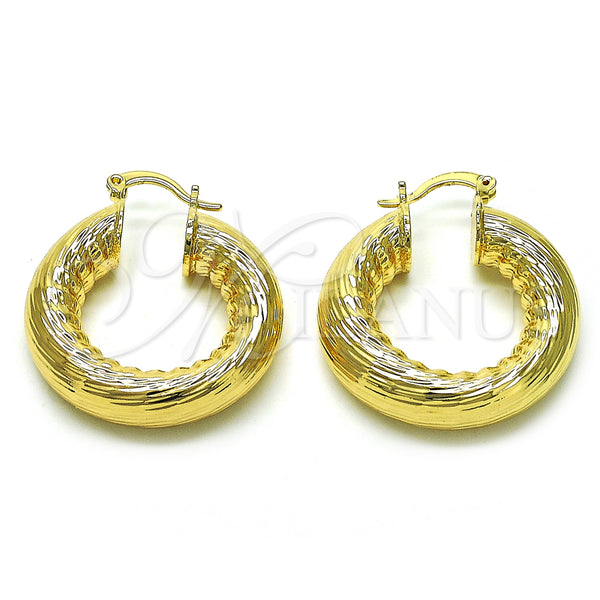 Gold Filled Hoop Earrings — Medium Hoop Hollow Design Diamond Cutting 02. — main product view — SKU 155106 | Oro Laminado aretes de aro — Medium Hoop Hollow diseño Diamond Cutting 02. — SKU 155106