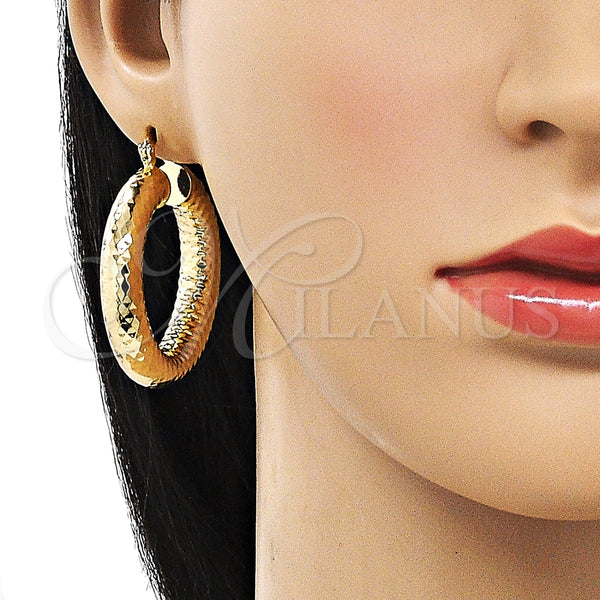 Gold Filled Hoop Earrings — Medium Hoop Hollow Design Diamond Cutting 02. — alternate product view — SKU 155107 | Oro Laminado aretes de aro — Medium Hoop Hollow diseño Diamond Cutting 02. — SKU 155107