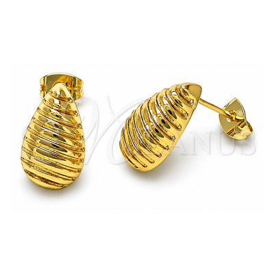 Oro Laminado Stud Earring, Gold Filled Style Teardrop Design, Diamond Cutting Finish, Golden Finish, 02.342.0327