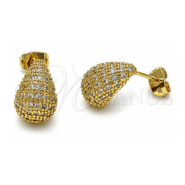 Oro Laminado Stud Earring, Gold Filled Style Teardrop Design, with White Micro Pave, Polished, Golden Finish, 02.342.0328