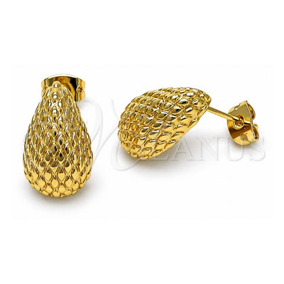 Oro Laminado Stud Earring, Gold Filled Style Teardrop Design, Diamond Cutting Finish, Golden Finish, 02.342.0329